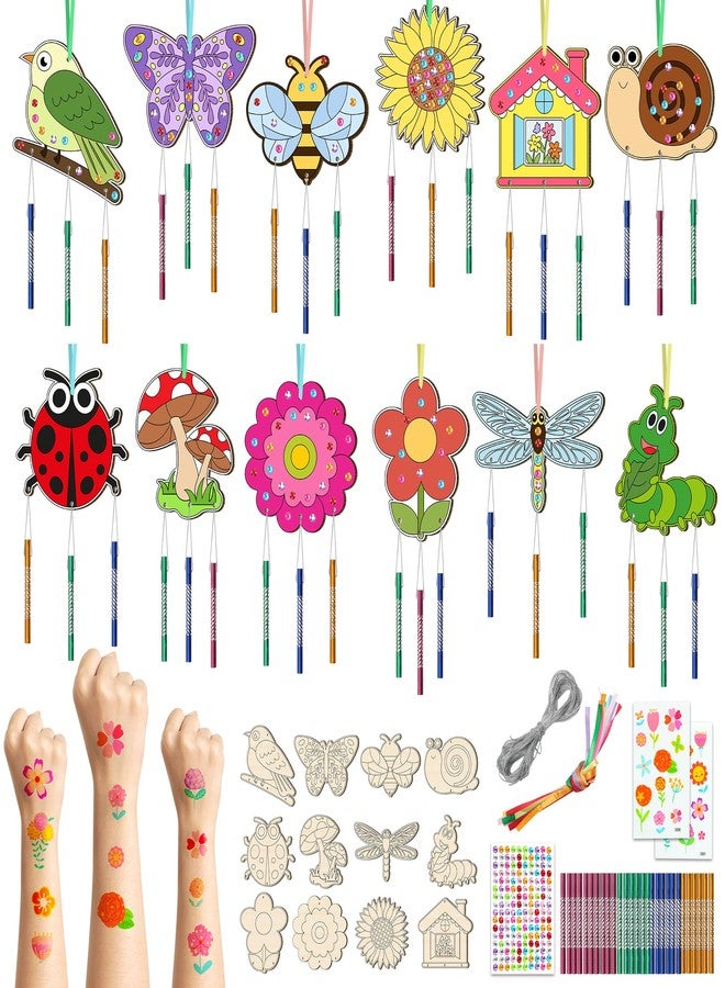 TREACLUB 12 Pack Wind Chime Kit for Kids Make Your Own Wind Chime DIY Wood Arts and Crafts Decorative Coloring Wooden Hanging Ornaments for Girls Boys Home School Activity Party Supplies(Spring Flower Animal) - Image 1
